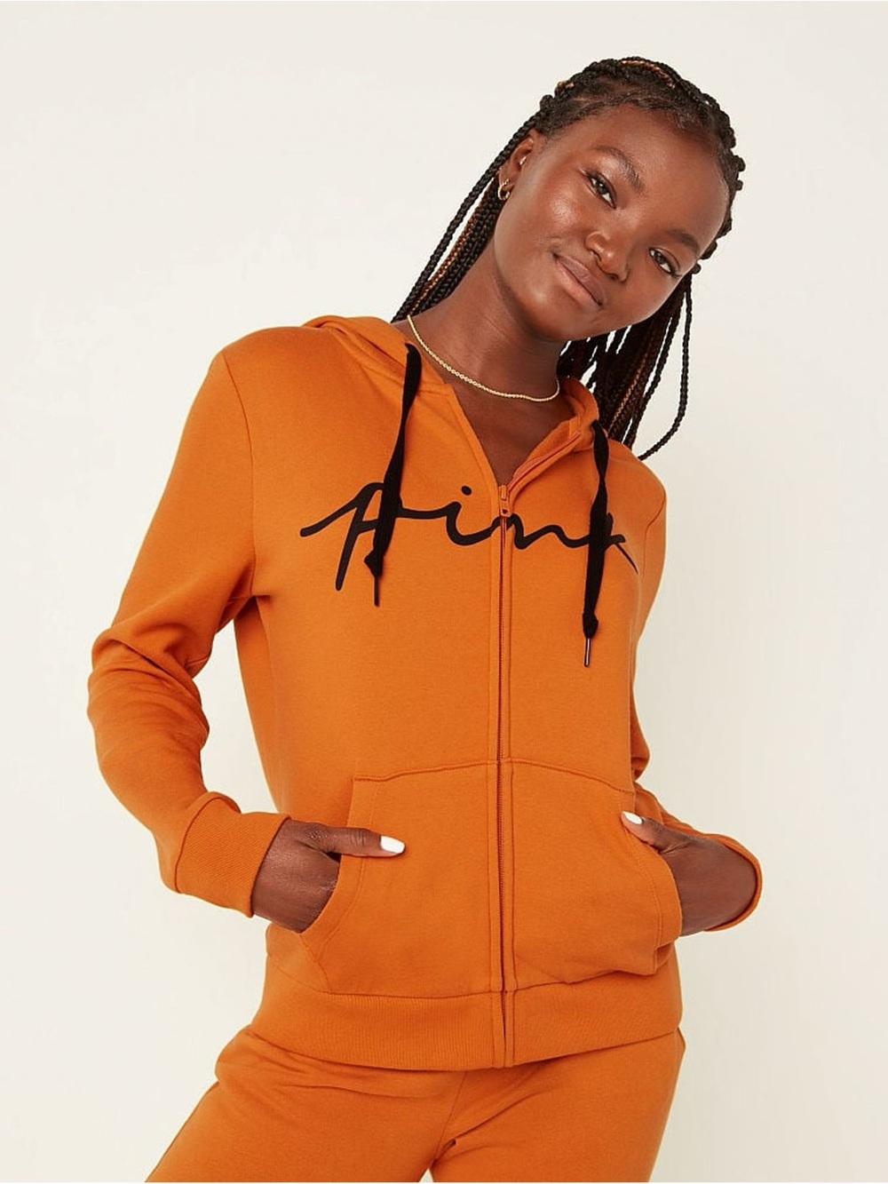 PINK Victoria's Secret Fleece Zip Up Perfect Hoodie  Smokey Orange M